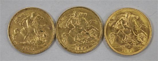 Three early 20th century gold half sovereigns, 1901, 1906 & 1911.